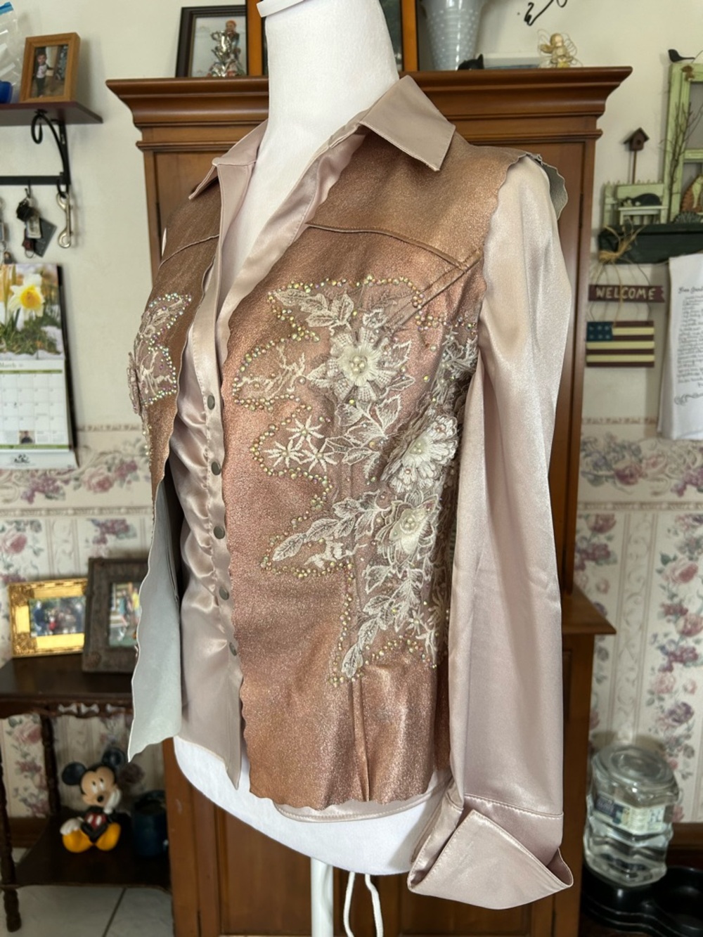 Embroidered Satin Blush Pink Button-Front Vest